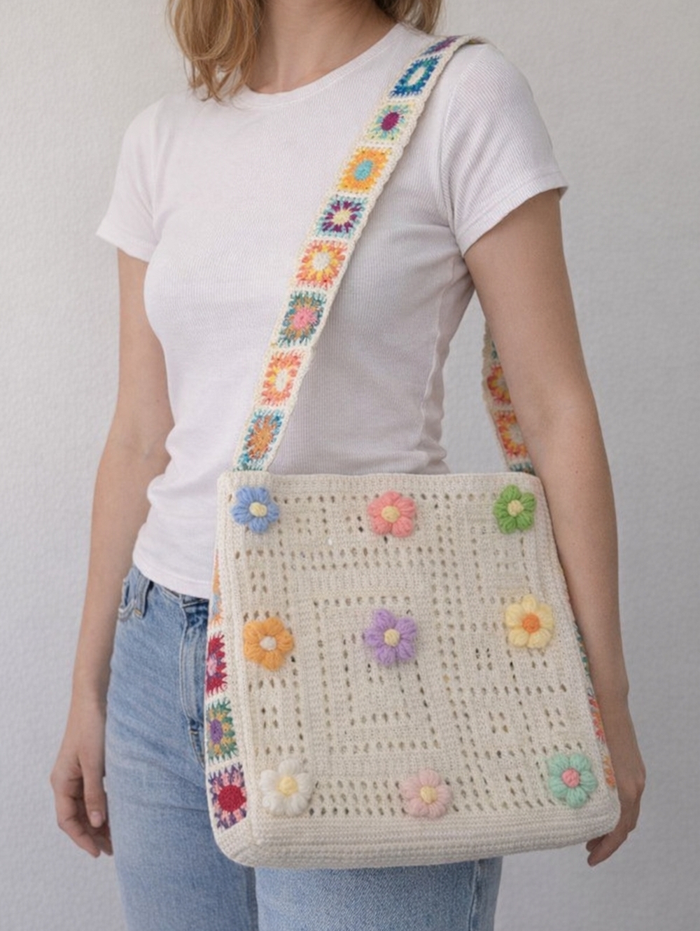 Crochet Granny Square Tote • Handmade Floral Bag • Boho Pastel Shoulder Purse - Picture 2 of 6